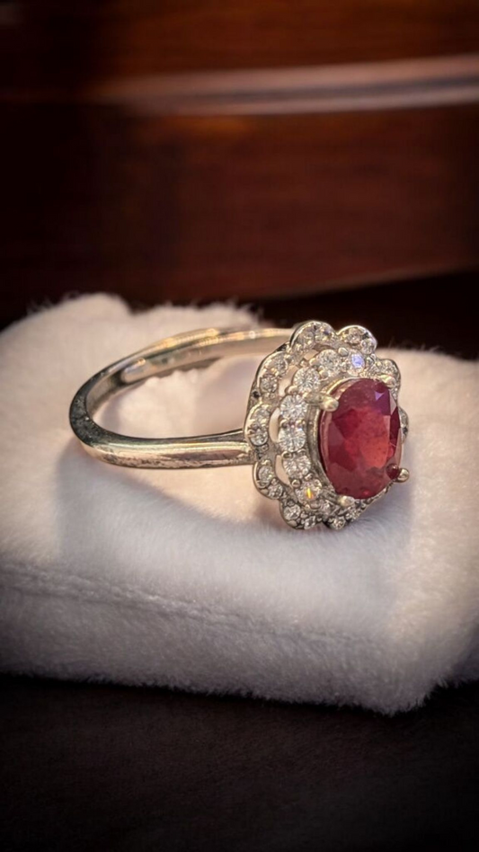 Natural Ruby Halo Ring | Adjustable Sterling Silver | Romantic Red Glow