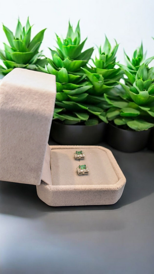 Natural Emerald Halo Earrings | 925 Sterling Silver | Luxe Baguette Cluster