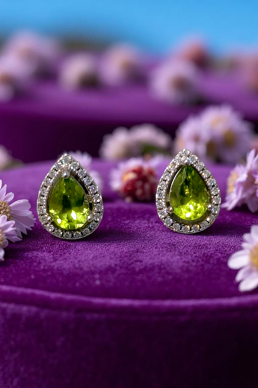 Peridot Halo Teardrop Stud Earrings – Sterling Silver