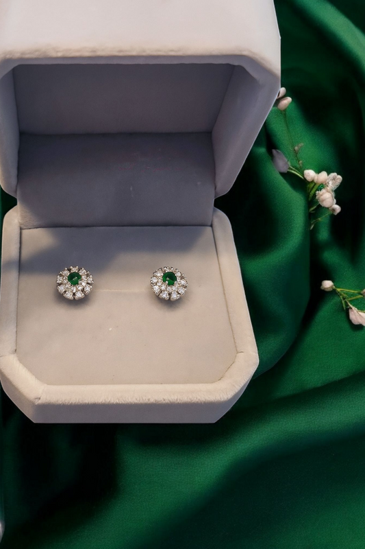 Emerald Green Halo Stud Earrings – Sterling Silver (S925)