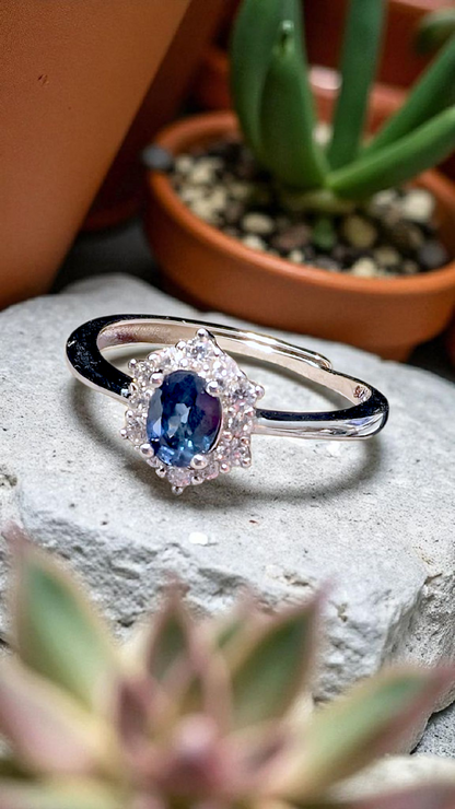 Natural Sapphire Halo Ring – 925 Sterling Silver