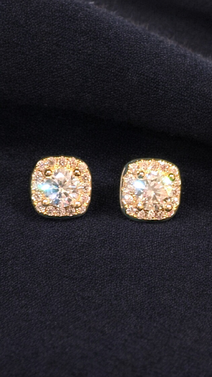 GRA Certified Moissanite Halo Stud Earrings – 18K Gold Plated Sterling Silver